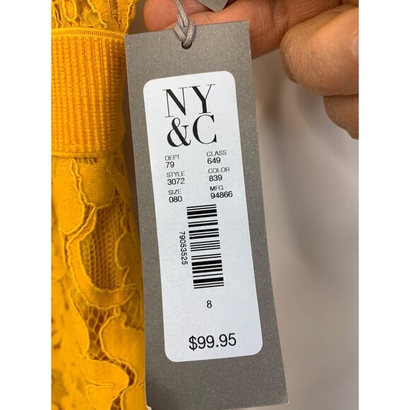 NWT Eva Mendes NY & Co 8 Mustard Lace Overlay Midi SL Dress Ruffle Hem 6828 - Picture 3 of 12